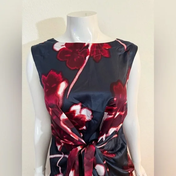 Ann Taylor Black Sleeveless Midi Dress with Burgundy Floral Print and Tie-Waist - Picture 3 of 9
